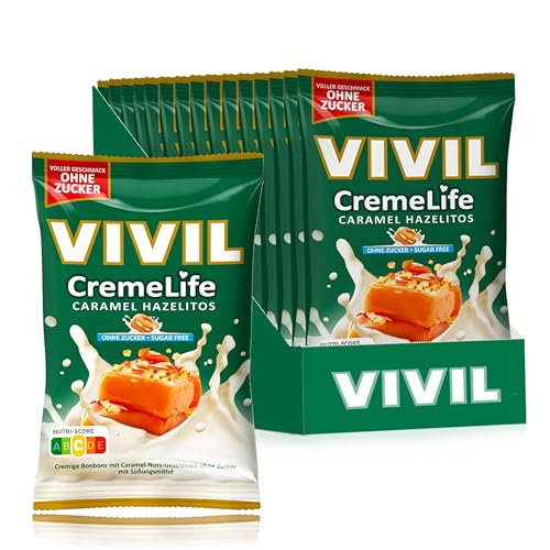 VIVIL Creme Life Caramel Hazelitos, 15 Beutel, Sahnebonbons mit Nussgeschmack, zuckerfrei & glutenfrei, 15 x 110g von Vivil