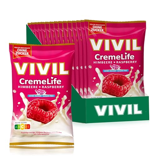 VIVIL Creme Life Himbeere, 15 Beutel, fruchtige Sahnebonbons mit Himbeergeschmack, zuckerfrei & glutenfrei, 15 x 110g von Vivil