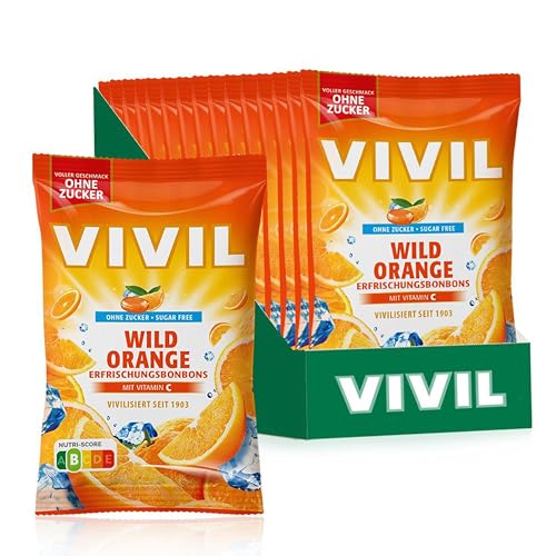 VIVIL Wild Orange mit Vitamin C, 15 Beutel, Erfrischungsbonbons mit Orangegeschmack, zuckerfrei & vegan, 15 x 120g von Vivil
