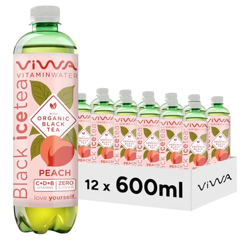 VIWA VITAMIN WATER Schwarzer Eistee, erfrischendes Getränk, Nullzucker mit Vitaminen und Mineralien, Pfirsichgeschmack, 600 ml, 12 Stück, Black Tea von VIWA VITAMIN WATER