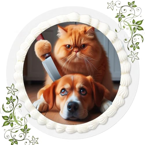 Für den Geburtstag ein Tortenbild, Zuckerbild mit Motiv, Essbares Foto für Torten, Tortenbild, Tortenaufleger Ø 20cm FONDANT Hund & Katze Nr. 3 von VSW