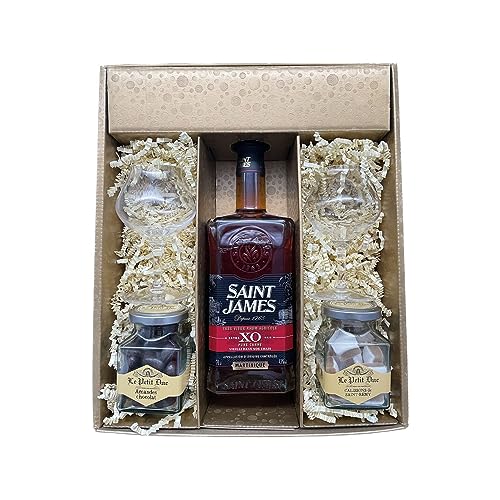 Geschenkbox - Rum - Gold - St James XO - - 2 Rumgläser CHEF & SOMMELIER - Amandes enrobées et calissons LE PETIT DUC von Wine And More