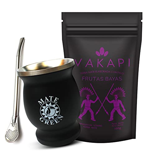 Vakapi Yerba Mate Green Set, FRUTAS BAYAS 500g, Edelstahl-Thermobecher 230 ml mit Bombilla, Mate Tee, Teebecher, 700 g von Vakapi