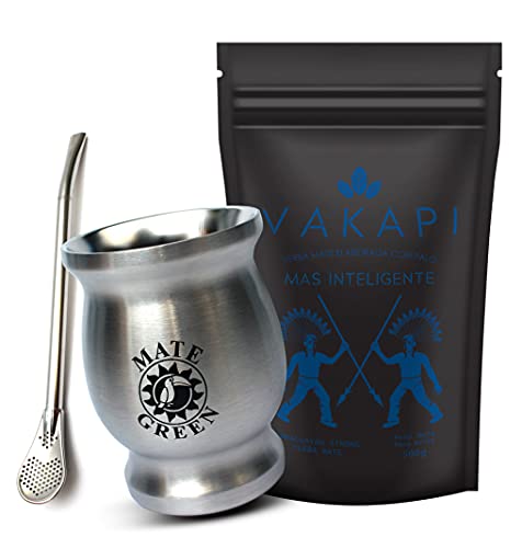 Vakapi Yerba Mate Green Set, MAS INTELIGENTE, Edelstahl-Becher 230ml, Edelstahl-Bombilla, Sibirischer Ginseng, Guarana, Ginkgo Biloba, Kornblume, Natürliches Mango-Aroma, Perfect Mate Tee-Set, 700 g Vakapi Yerba Mate Green Set, MAS INTELIGENTE, Edelstahl-Becher 230ml, Edelstahl-Bombilla, Sibirischer Ginseng, Guarana, Ginkgo Biloba, Kornblume, Natürliches Mango-Aroma, Perfect Mate Tee-Set, 700 g von Vakapi