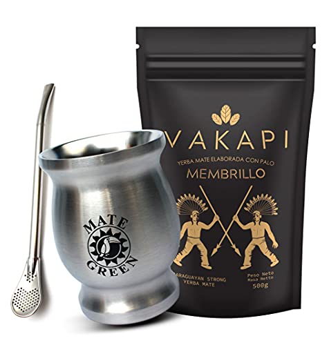 Vakapi Yerba Mate Green Set, MEMBRILLO, Edelstahl-Becher 230ml, Quittenfrucht, Erdbeerblatt, Weinraute, Muira Puama, Nur natürliche Aromen, Perfect Mate Tee-Set, 700 g von Vakapi