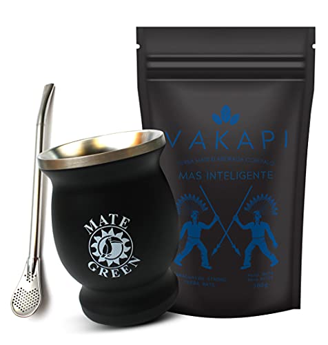 Vakapi Yerba Mate Green Set, Mas Inteligente 500g, Edelstahl-Thermobecher 230ml mit Bombilla, Mate Tee mit Sibirischer Ginseng, Teebecher, 700 g Vakapi Yerba Mate Green Set, Mas Inteligente 500g, Edelstahl-Thermobecher 230ml mit Bombilla, Mate Tee mit Sibirischer Ginseng, Teebecher, 700 g von Vakapi