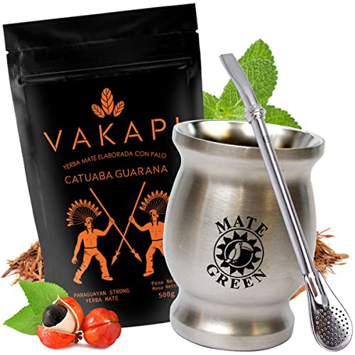 Yerba Mate-Tee Paraguya Set | Mate Tee Vakapi mit Guarana 500g | Stahl Mate Tee Tasse Doublewall Becher 220ml Silver | Trinkhalm Stahl Bombilla 19cm | Mate-Tee loose leaf 0,5kg Yerba Mate-Tee Paraguya Set | Mate Tee Vakapi mit Guarana 500g | Stahl Mate Tee Tasse Doublewall Becher 220ml Silver | Trinkhalm Stahl Bombilla 19cm | Mate-Tee loose leaf 0,5kg von Vakapi