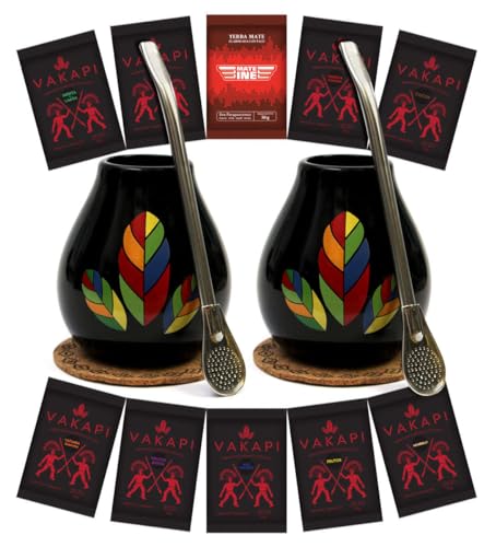 Yerba Mate Tee aus Paraguya Set für Zwei | Keramik mate-tee tassen Hoja Black becher 350ml | Edelstahl trinkhalm Bombilla 19 cm | Paraguayisch yerba mate-tee 500g | Mate tee Vakapi 10x50g loose leaf Yerba Mate Tee aus Paraguya Set für Zwei | Keramik mate-tee tassen Hoja Black becher 350ml | Edelstahl trinkhalm Bombilla 19 cm | Paraguayisch yerba mate-tee 500g | Mate tee Vakapi 10x50g loose leaf von Vakapi