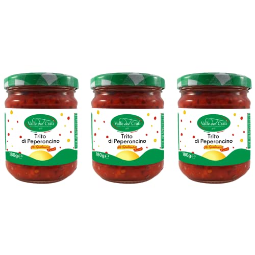 Valle del Crati Gehackte Chilischote | Kalabrische scharfe Chili-Creme in Olivenöl für Gewürze, Fleisch, Pasta, Pizza | Italienisches Gewürz | 3 Glas mit 180 g von Valle del Crati ECCELLENZE GASTRONOMICHE dal 1998