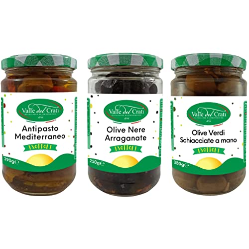 Valle del Crati Gemischte mediterrane Vorspeise | Schwarze und grüne Oliven, Tomaten, Chilischote, Artischocken und Pilze | Gemüsemischung mit Oliven für Aperitifs und Vorspeisen | 3 Glas mit 250+ gr Valle del Crati Gemischte mediterrane Vorspeise | Schwarze und grüne Oliven, Tomaten, Chilischote, Artischocken und Pilze | Gemüsemischung mit Oliven für Aperitifs und Vorspeisen | 3 Glas mit 250+ gr von Valle del Crati ECCELLENZE GASTRONOMICHE dal 1998