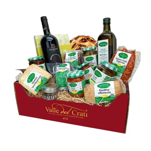 Geschenkkorb mit 15 typisch kalabrischen Produkten | Weihnachtspaket mit Savuto DOC-Wein, BIO-Öl, Capicollo, Wurst, Käse, Süßigkeiten, Safran in Stempeln, Cremes, Konfitüren und mehr von Valle del Crati ECCELLENZE GASTRONOMICHE dal 1998