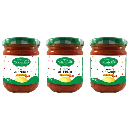 Valle del Crati Nduja Creme | Italienische Würzige kalabresische Nduja-Creme mit Chili Pfeffer und Olivenöl | Gewürz für Fleisch, Pasta, Vorspeisen | 3 Glas mit 180 g von Valle del Crati ECCELLENZE GASTRONOMICHE dal 1998