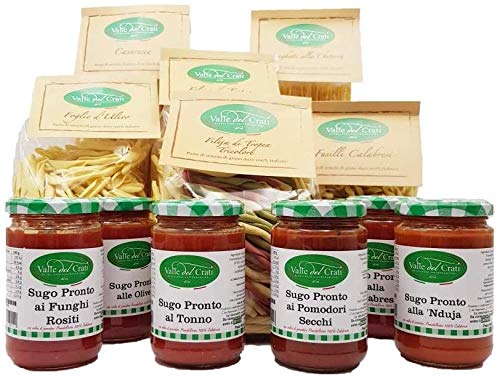 Valle del Crati Pasta und Saucen box | Handwerkliche Pasta aus Hartweizengrieß | Mischung aus Fertigsaucen mit Nduja, getrockneten Tomaten, Thunfisch und mehr | Schachtel mit 12 Produkten von Valle del Crati ECCELLENZE GASTRONOMICHE dal 1998