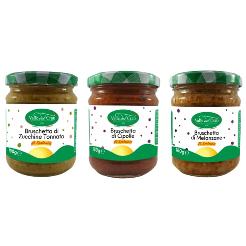 Valle del Crati Streichfähige Bruschetta Mix | Italienische Gemüsecremes mit Zwiebel, Aubergine, Zucchini mit Thunfischsauce | für Brot, Pizza, herzhafte Rezepte | 3 x 180 g von Valle del Crati ECCELLENZE GASTRONOMICHE dal 1998