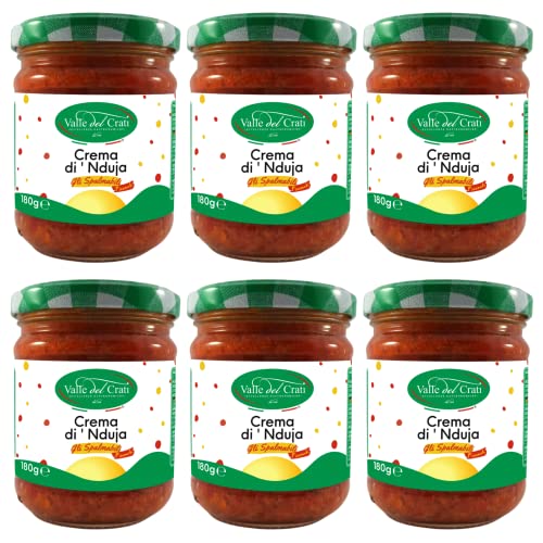 Valle del Crati Nduja-Creme | Würzige Aufstrichcreme | Kalabrischer Nduja mit Chili-Pfeffer | Ideal für Pasta, Pizza, herzhafte Rezepte, Bruschetta, Brot | 6 Gläser à 180gr von Valle del Crati ECCELLENZE GASTRONOMICHE dal 1998