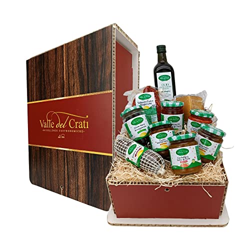Valle del Crati Weihnachtskorb mit 10 Produkten | Weihnachtskorb mit BIO-Olivenöl, Salsiccia, Pecorino Käse, Nduja Creme, Feigensalami, Aufstriche, Gemüsekonserven und mehr | Weihnachtskorb von Valle del Crati ECCELLENZE GASTRONOMICHE dal 1998
