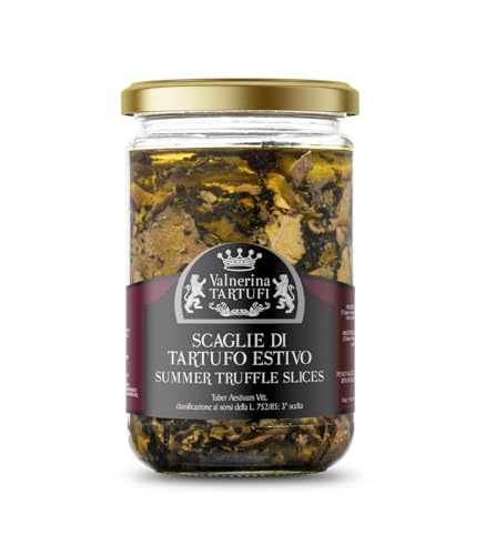 Valnerina Tartufi Schwarzer Sommertrüffel in Schuppen 250g | Scheiben-, Lamellen-, Carpaccio-Trüffel | Natürlich, handwerklich und italienisch konserviert in nativem Olivenöl EVO Extra Glas 250 gr. von Valnerina Tartufi