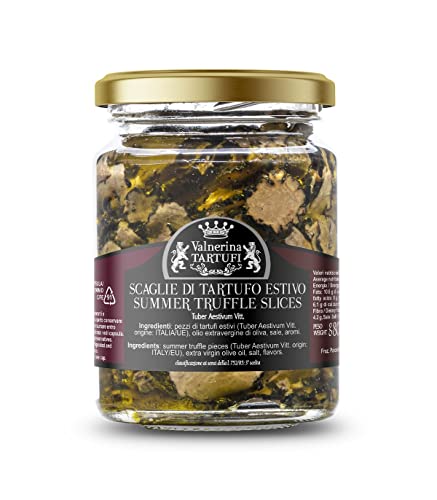 Valnerina Tartufi Schwarzer Sommertrüffel in Schuppen 80g | Scheiben-, Lamellen-, Carpaccio-Trüffel | Natürlich, handwerklich und italienisch konserviert in nativem Olivenöl EVO Extra Glas 80 gr. von Valnerina Tartufi