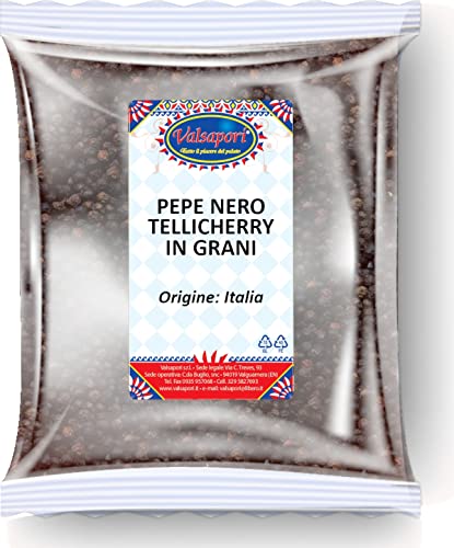 Tellicherry Schwarze Pfefferkörner - 100 gr Beutel | Vegan Glutenfrei | 100 % natürlicher sizilianischer Anbau - Späte Ernte mit würzigem Geschmack - Premium-Qualität (Tellicherry in Körnern) von Valsapori