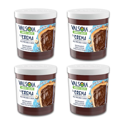 Valsoia - Haselnuss-Pflanzencreme, 100% pflanzlich, reich an Ballaststoffen, frei von Gluten, natürlich laktosefrei, ideal auch für Veganer, Vegetarier und Zöliakie-Betroffene, 4 Packungen à 200g von Valsoia
