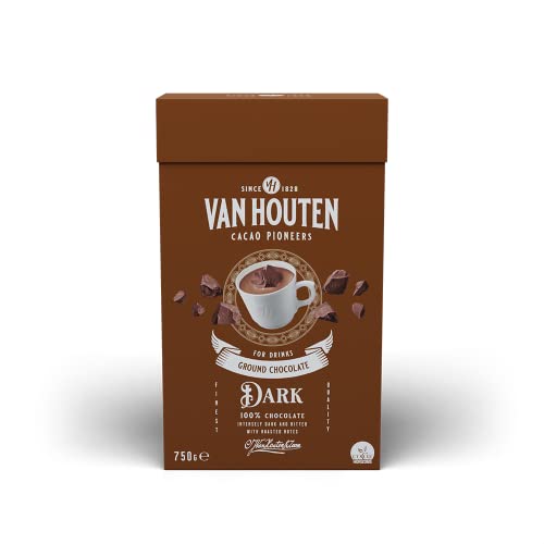 Van Houten GROUND DARK Kakao-Schokoladen-Getränkepulver 750 G–Perfekt für Heiße und Kalte Getränke–für 22 Portionen–Intensiv dunkel und bitter mit Röstnoten–100% Schokolade–Vgetarisch, gentechnikfrei von Van Houten