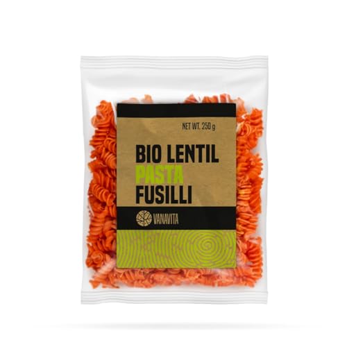 VanaVita BIO Linsennudeln Fusilli - Pasta aus roten Linsen, Linsenpasta, glutenfreie Proteinnudeln, hoch an Ballaststoffenm Vegan, gering an Zucker und Fett (250 g (24er pack)) von VanaVita