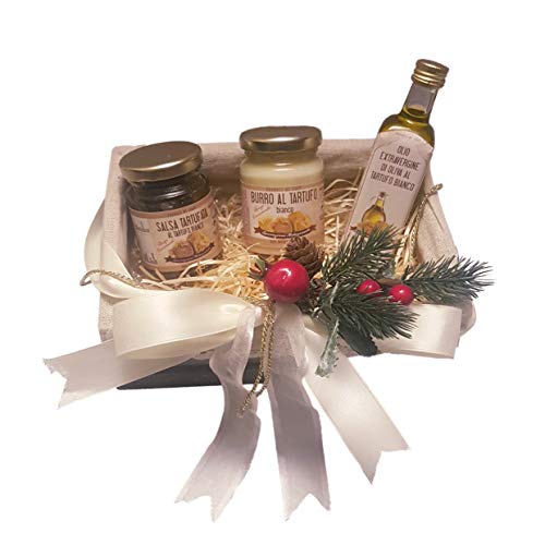 Handgefertigter bunter Geschenkkorb aus Holz - wiederverwendbar - mit 3 Trüffelprodukten Ihrer Wahl - tolle Geschenkidee (Olivenöl Sauce Butter mit Trüffel) von Vecchio Borgo Tartufi & Funghi