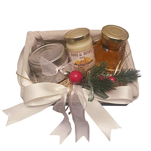 Handgefertigter bunter Geschenkkorb aus Holz - wiederverwendbar - mit 3 Trüffelprodukten Ihrer Wahl - tolle Geschenkidee (Salz Butter Honig mit Trüffel) von Vecchio Borgo Tartufi & Funghi