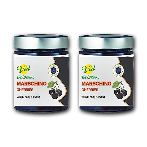 Ved Gourmet Original Maraschino- Black Kirschen – Italienische Kirsche für altmodische Cocktails – Veganer Cocktail, Bourbon-Kirschen in natürlichem Sirup zur Cocktailgarnierung – 300-g-Glas (2 Stück) von Ved