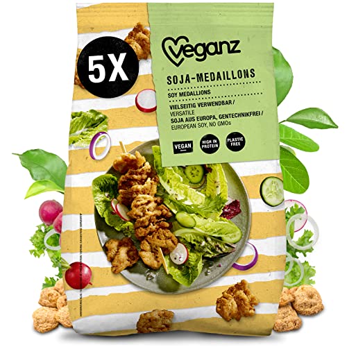 Veganz Soja-Medaillons - würzig und vegan mit Protein - als Fleischersatz zum Kochen - vegetarisches BBQ und für Salat oder Pfannengerichte - 5 x 250 GR von Veganz