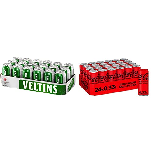 VELTINS Pilsener, EINWEG (18 x 0.33 l Dose) & Coca-Cola Zero Sugar/Koffeinhaltiges Erfrischungsgetränk in stylischen Dosen mit originalem Coca-Cola Geschmack / 330 ml (24er Pack) von Veltins