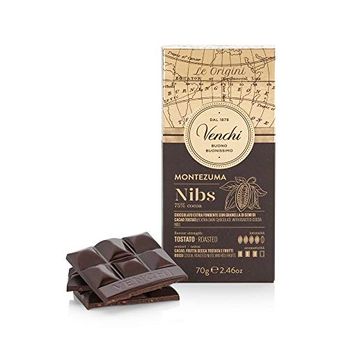 Venchi Tafel aus Schokolade Montezuma 75% Nibs, 70 g – Zartbitterschokolade mit gerösteten Kakaobohnenkernen – glutenfrei von Venchi