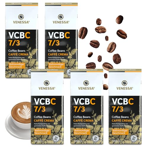 VENESSA Caffè Crema VCBC 7/3 ganze Kaffee-Bohnen 5 x 1kg ungemahlen cremig Premium Kaffee für Kaffeeautomaten, fein geröstet 70% Arabica 30% Robusta von Venessa
