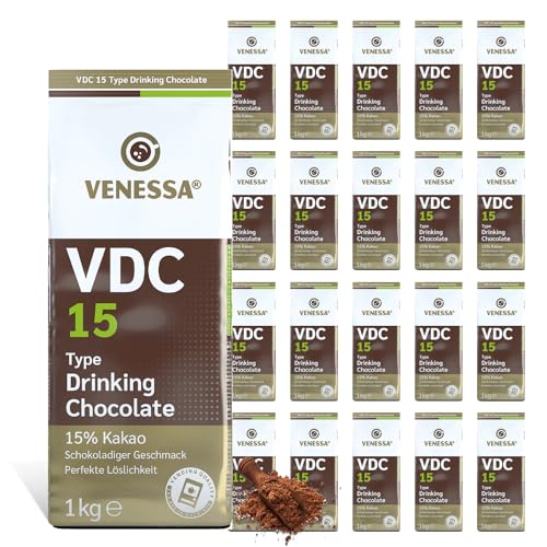 Venessa VDC 15 Trinkschokolade 20 x 1kg für Geschäftskunden, 15% Premium Kakao und Milchanteil, lösliches Kakaopulver für Gastro, leicht süß, angenehm - Alle Kaffeevollautomaten & Vending geeignet von Venessa