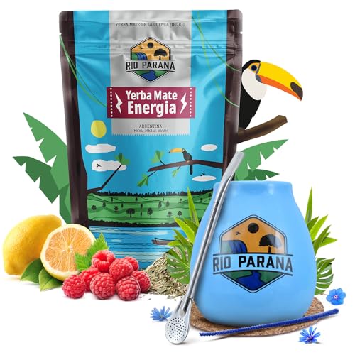 Mate Tee set Rio Parana Energia mit Zubehör | Mate Tee mit Guarana | Kalebasse, Bombilla und Zubehör | Argentinische Mate Tee | Natürliches Koffein | 500g | 0,5kg von Cebador