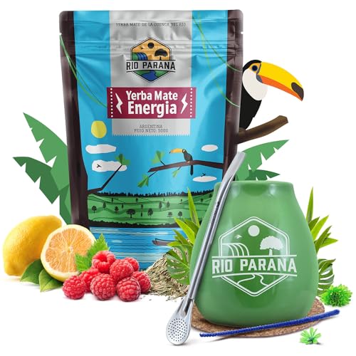 Mate Tee set Rio Parana Energia mit Zubehör | Mate Tee mit Guarana | Kalebasse, Bombilla und Zubehör | Argentinische Mate Tee | Natürliches Koffein | 500g | 0,5kg von Cebador