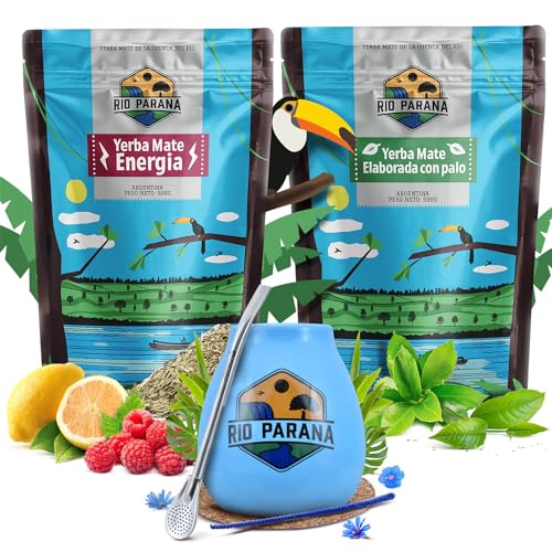 Mate Tee set Rio Parana mit Zubehör | Energia und Elaborada con Palo | Kalebasse, Bombilla und Zubehör | Argentinische Mate Tee | Natürliches Koffein | 2x500g | 1kg von Cebador