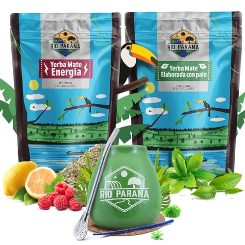Mate Tee set Rio Parana mit Zubehör | Energia und Elaborada con Palo | Kalebasse, Bombilla und Zubehör | Argentinische Mate Tee | Natürliches Koffein | 2x500g | 1kg Mate Tee set Rio Parana mit Zubehör | Energia und Elaborada con Palo | Kalebasse, Bombilla und Zubehör | Argentinische Mate Tee | Natürliches Koffein | 2x500g | 1kg von Cebador