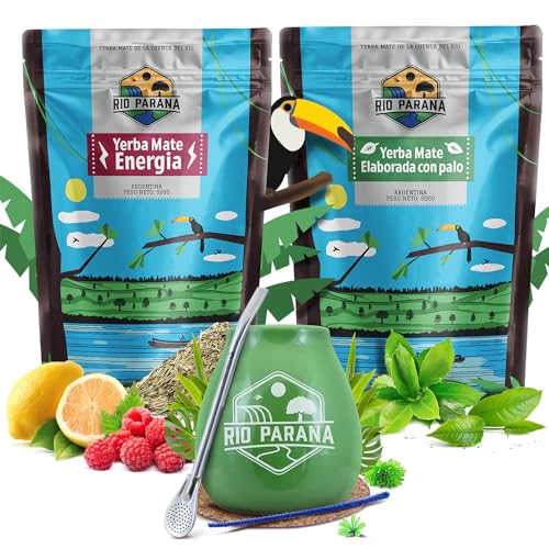 Mate Tee set Rio Parana mit Zubehör | Energia und Elaborada con Palo | Kalebasse, Bombilla und Zubehör | Argentinische Mate Tee | Natürliches Koffein | 2x500g | 1kg von Cebador