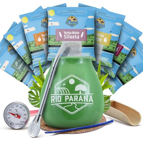 Rio Parana Mate Tee Probierset mit Zubehör | Alle Geschmacksrichtungen von Rio Parana | Kalebasse, Bombilla, Thermometer und Zubehör | Argentinische Mate Tee | Natürliches Koffein | 7x50g von Venusti sp. Z o.o.