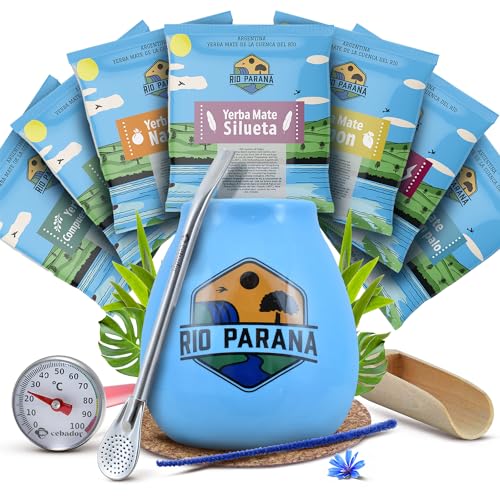 Rio Parana Mate Tee Probierset mit Zubehör | Alle Geschmacksrichtungen von Rio Parana | Kalebasse, Bombilla, Thermometer und Zubehör | Argentinische Mate Tee | Natürliches Koffein | 7x50g Rio Parana Mate Tee Probierset mit Zubehör | Alle Geschmacksrichtungen von Rio Parana | Kalebasse, Bombilla, Thermometer und Zubehör | Argentinische Mate Tee | Natürliches Koffein | 7x50g von Rio Parana
