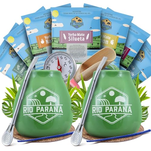 Rio Parana Mate Tee Set für zwei Personen mit Zubehör | Alle Geschmacksrichtungen von Rio Parana | Kalebasse, Bombilla und Zubehör | Argentinische Mate Tee | Natürliches Koffein | 7x50g von Venusti sp. Z o.o.