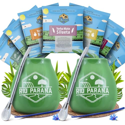 Rio Parana Mate Tee Set für zwei Personen mit Zubehör | Alle Geschmacksrichtungen von Rio Parana | Kalebasse, Bombilla und Zubehör | Argentinische Mate Tee | Natürliches Koffein | 7x50g von Venusti sp. Z o.o.