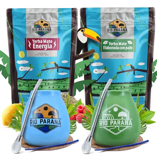 Rio Parana Mate Tee Set für zwei Personen mit Zubehör | Zweier-Pack Mate Tee | Energia und Elaborada | Kalebasse, Bombilla und Zubehör | Natürliches Koffein | 2x500g | 1kg von Venusti sp. Z o.o.