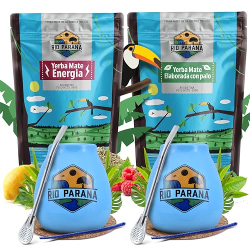 Rio Parana Mate Tee Set für zwei Personen mit Zubehör | Zweier-Pack Mate Tee | Energia und Elaborada | Kalebasse, Bombilla und Zubehör | Natürliches Koffein | 2x500g | 1kg von Venusti sp. Z o.o.