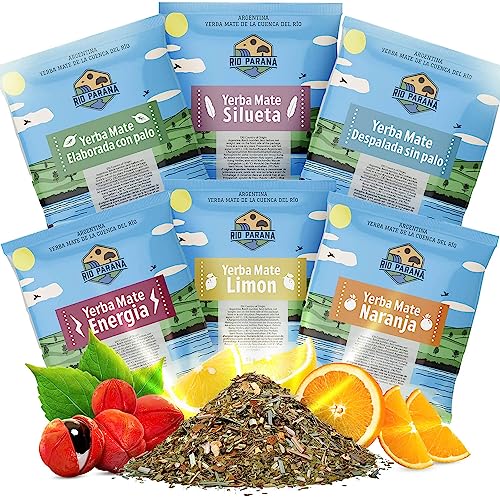 Satz mit allen Proben Mate Tee Rio Parana | Proben von Mate Tee 50g | Traditionell, Energie mit Guarana, Gewichtsverlust, Zitrone, Orange | Argentinian | Mate Tee Tee | Natürliches Koffein | 6x50g von Venusti sp. Z o.o.