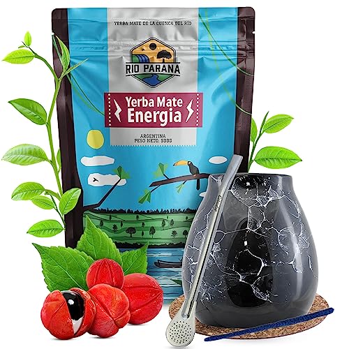 Set Mate Tee Rio Parana mit Zubehör | Stimulierende Energia mit Guarana | Kalebasse, Bombilla und Zubehör | Argentinische Mate Tee | Mate Tee Tee | Natürliches Koffein | 500g | 0,5kg von Venusti sp. Z o.o.