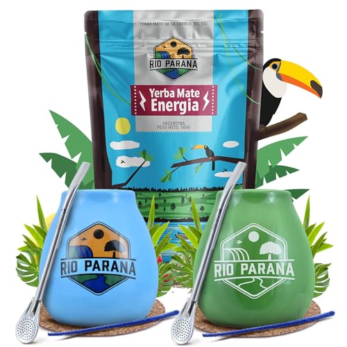 Set Mate Tee Rio Parana mit Zubehör für zwei Personen | Mate Tee mit Guarana | Kalebasse, Bombilla und Zubehör | Argentinische Mate Tee | Natürliches Koffein | 500g | 0,5kg von Venusti sp. Z o.o.