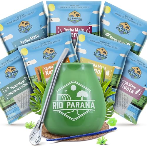 Set von Mate Tee Rio Parana Proben mit Zubehör | Alle Geschmacksrichtungen von Rio Parana | Kalebasse, Bombilla und Zubehör | Argentinische Mate Tee | Natürliches Koffein | 7x50g Set von Mate Tee Rio Parana Proben mit Zubehör | Alle Geschmacksrichtungen von Rio Parana | Kalebasse, Bombilla und Zubehör | Argentinische Mate Tee | Natürliches Koffein | 7x50g von Rio Parana