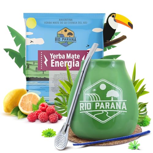 Set von Mate Tee Zubehör mit Probe | Rio Parana Energia | Kalebasse, Bombilla und Zubehör | Argentinische Mate Tee | Natürliches Koffein | 50g von Cebador